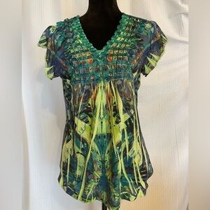 V-neck embroidery multicolored tie dye short sleeve top forest fairy enchanted